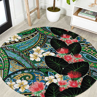 Hawaiian Taro Leaves and Ohia Lehua Round Carpet Polynesian Tribal Art Tropical Plants Motifs Colorful