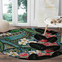 Hawaiian Taro Leaves and Ohia Lehua Round Carpet Polynesian Tribal Art Tropical Plants Motifs Colorful