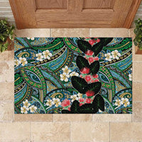 Hawaiian Taro Leaves and Ohia Lehua Rubber Doormat Polynesian Tribal Art Tropical Plants Motifs Colorful