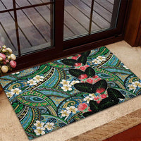 Hawaiian Taro Leaves and Ohia Lehua Rubber Doormat Polynesian Tribal Art Tropical Plants Motifs Colorful
