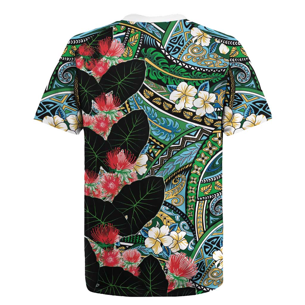 Hawaiian Taro Leaves and Ohia Lehua Rugby Jersey Polynesian Tribal Art Tropical Plants Motifs Colorful