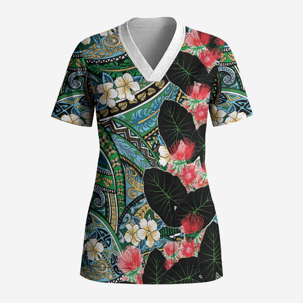 Hawaiian Taro Leaves and Ohia Lehua Scrub Top Polynesian Tribal Art Tropical Plants Motifs Colorful