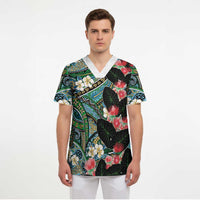 Hawaiian Taro Leaves and Ohia Lehua Scrub Top Polynesian Tribal Art Tropical Plants Motifs Colorful