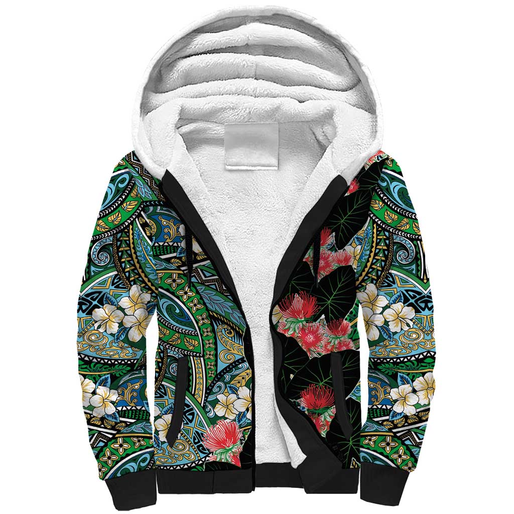 Hawaiian Taro Leaves and Ohia Lehua Sherpa Hoodie Polynesian Tribal Art Tropical Plants Motifs Colorful LT03 Unisex Multicolor - Polynesian Pride