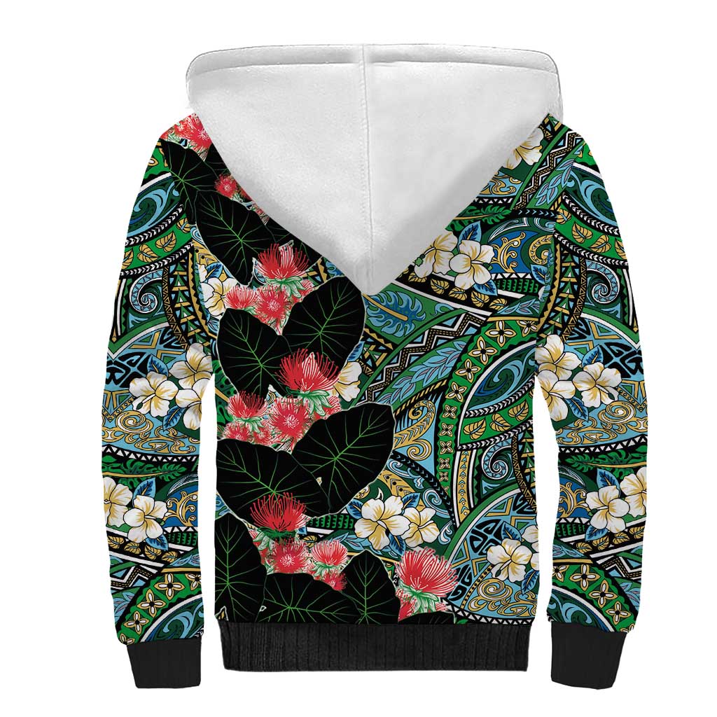 Hawaiian Taro Leaves and Ohia Lehua Sherpa Hoodie Polynesian Tribal Art Tropical Plants Motifs Colorful LT03 - Polynesian Pride