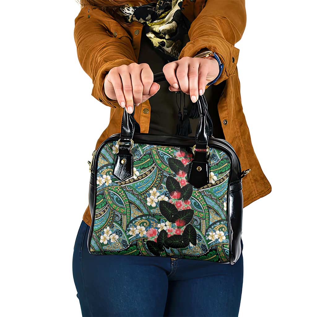 Hawaiian Taro Leaves and Ohia Lehua Shoulder Handbag Polynesian Tribal Art Tropical Plants Motifs Colorful