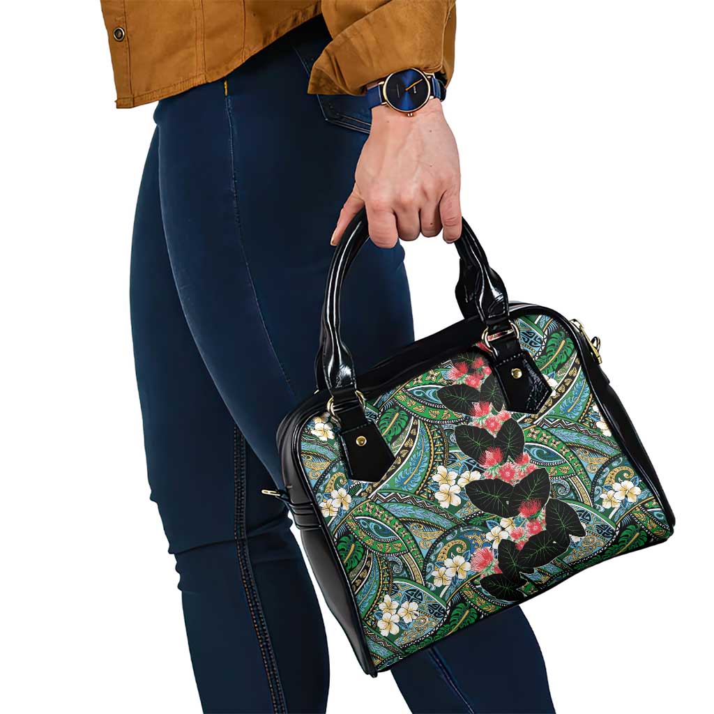 Hawaiian Taro Leaves and Ohia Lehua Shoulder Handbag Polynesian Tribal Art Tropical Plants Motifs Colorful