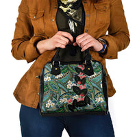 Hawaiian Taro Leaves and Ohia Lehua Shoulder Handbag Polynesian Tribal Art Tropical Plants Motifs Colorful