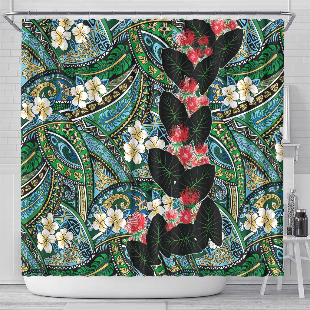 Hawaiian Taro Leaves and Ohia Lehua Shower Curtain Polynesian Tribal Art Tropical Plants Motifs Colorful