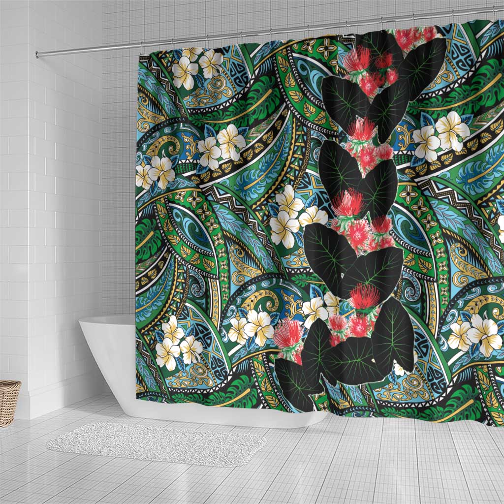 Hawaiian Taro Leaves and Ohia Lehua Shower Curtain Polynesian Tribal Art Tropical Plants Motifs Colorful