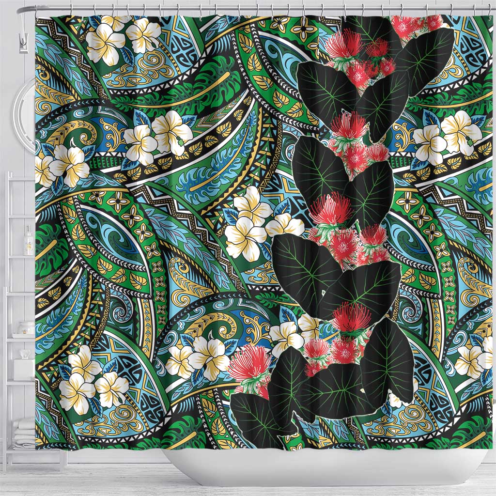Hawaiian Taro Leaves and Ohia Lehua Shower Curtain Polynesian Tribal Art Tropical Plants Motifs Colorful