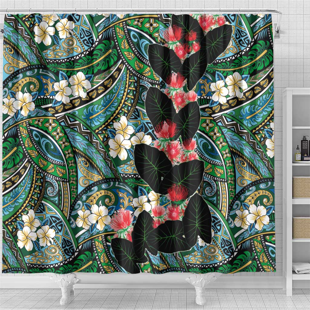 Hawaiian Taro Leaves and Ohia Lehua Shower Curtain Polynesian Tribal Art Tropical Plants Motifs Colorful