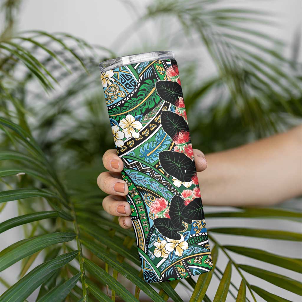 Hawaiian Taro Leaves and Ohia Lehua Skinny Tumbler Polynesian Tribal Art Tropical Plants Motifs Colorful