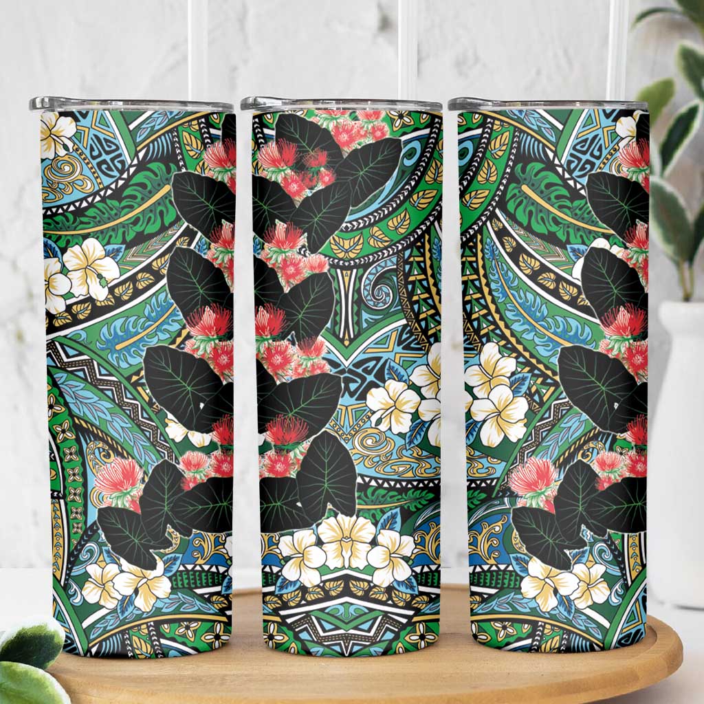 Hawaiian Taro Leaves and Ohia Lehua Skinny Tumbler Polynesian Tribal Art Tropical Plants Motifs Colorful