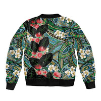 Hawaiian Taro Leaves and Ohia Lehua Sleeve Zip Bomber Jacket Polynesian Tribal Art Tropical Plants Motifs Colorful