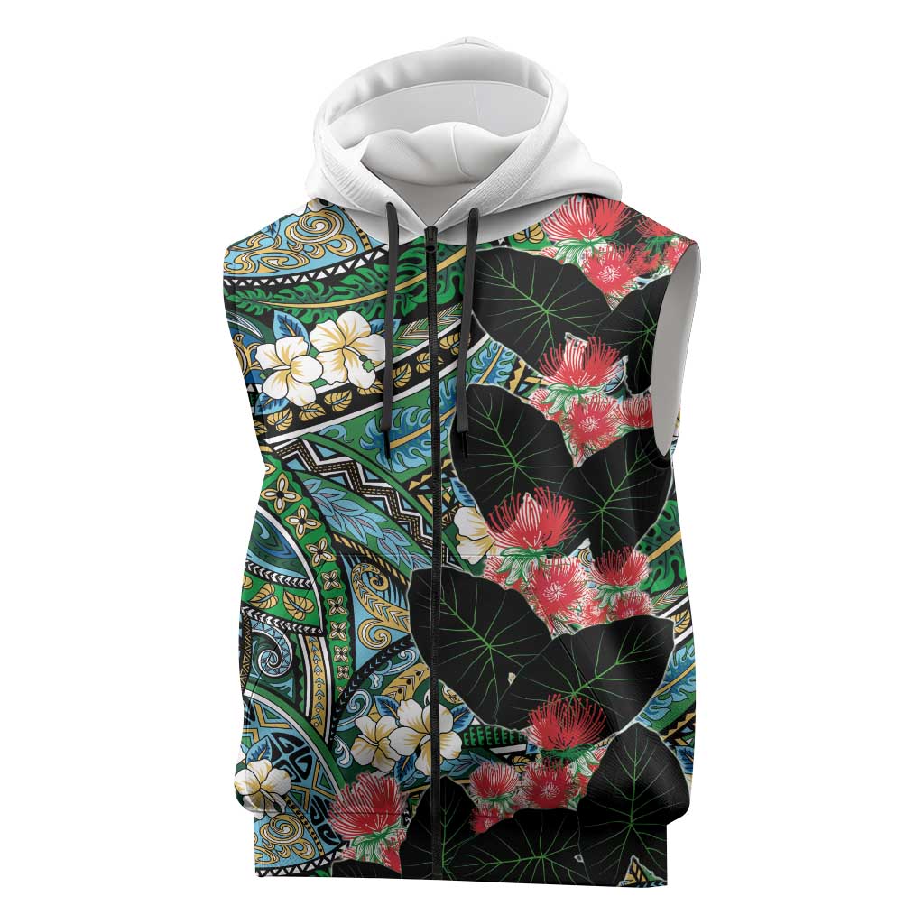 Hawaiian Taro Leaves and Ohia Lehua Sleeveless Zip Hoodie Polynesian Tribal Art Tropical Plants Motifs Colorful