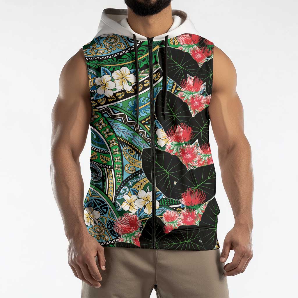 Hawaiian Taro Leaves and Ohia Lehua Sleeveless Zip Hoodie Polynesian Tribal Art Tropical Plants Motifs Colorful
