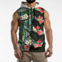 Hawaiian Taro Leaves and Ohia Lehua Sleeveless Zip Hoodie Polynesian Tribal Art Tropical Plants Motifs Colorful