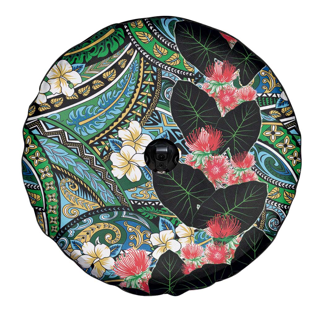Hawaiian Taro Leaves and Ohia Lehua Spare Tire Cover Polynesian Tribal Art Tropical Plants Motifs Colorful