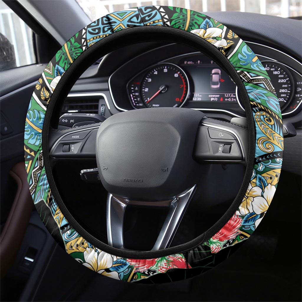 Hawaiian Taro Leaves and Ohia Lehua Steering Wheel Cover Polynesian Tribal Art Tropical Plants Motifs Colorful