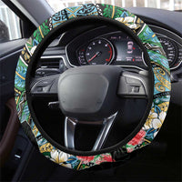 Hawaiian Taro Leaves and Ohia Lehua Steering Wheel Cover Polynesian Tribal Art Tropical Plants Motifs Colorful