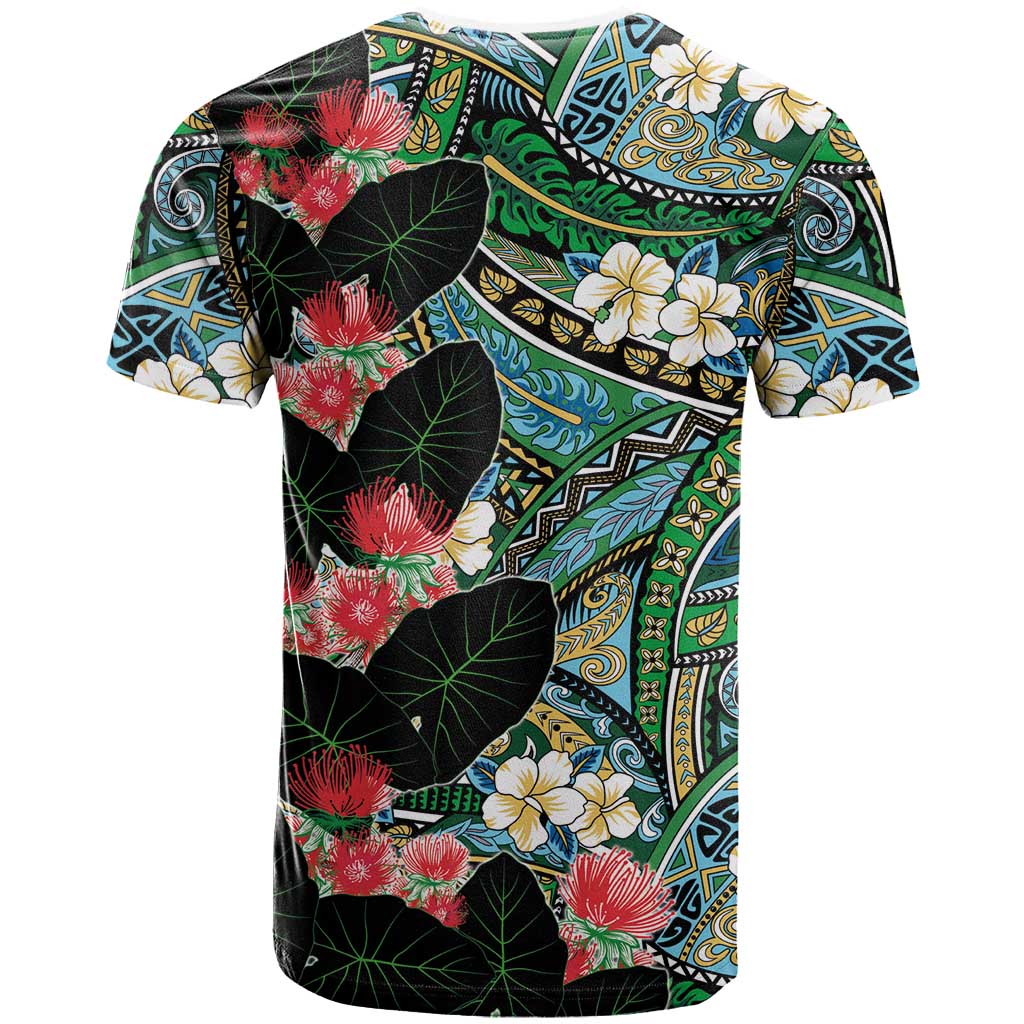 Hawaiian Taro Leaves and Ohia Lehua T Shirt Polynesian Tribal Art Tropical Plants Motifs Colorful