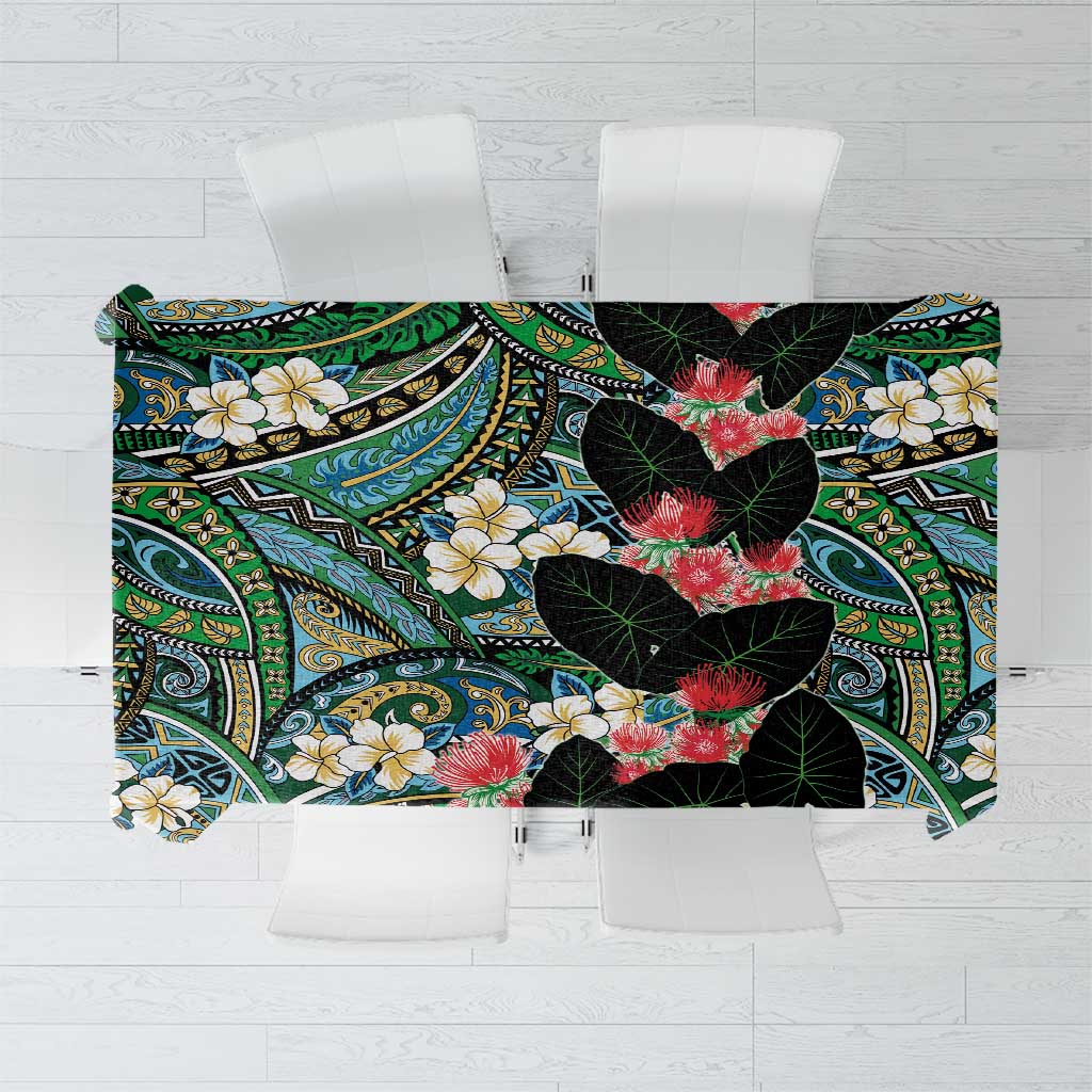 Hawaiian Taro Leaves and Ohia Lehua Tablecloth Polynesian Tribal Art Tropical Plants Motifs Colorful