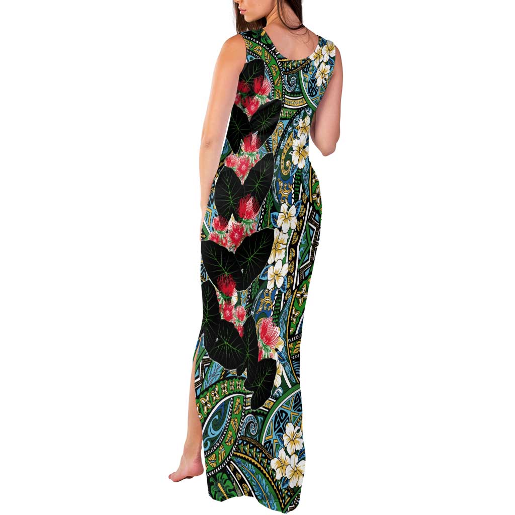 Hawaiian Taro Leaves and Ohia Lehua Tank Maxi Dress Polynesian Tribal Art Tropical Plants Motifs Colorful