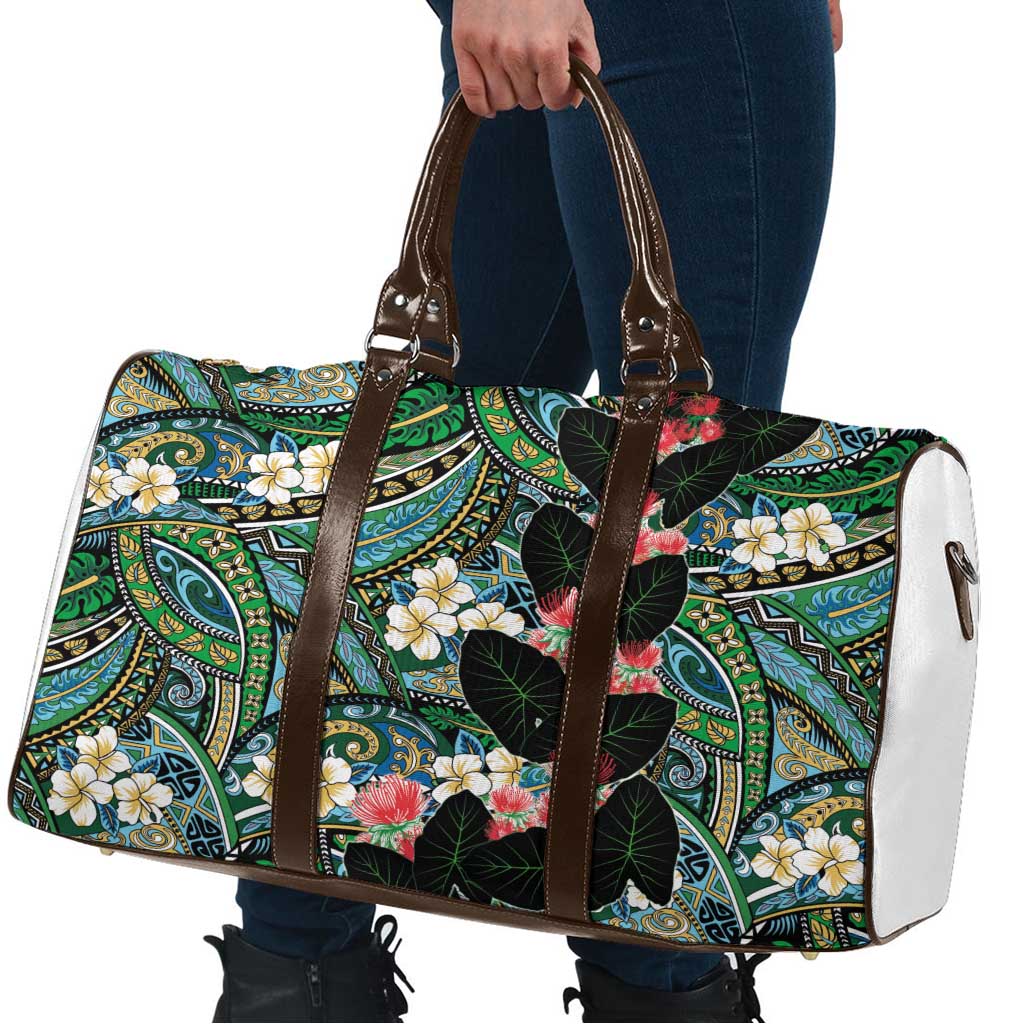 Hawaiian Taro Leaves and Ohia Lehua Travel Bag Polynesian Tribal Art Tropical Plants Motifs Colorful