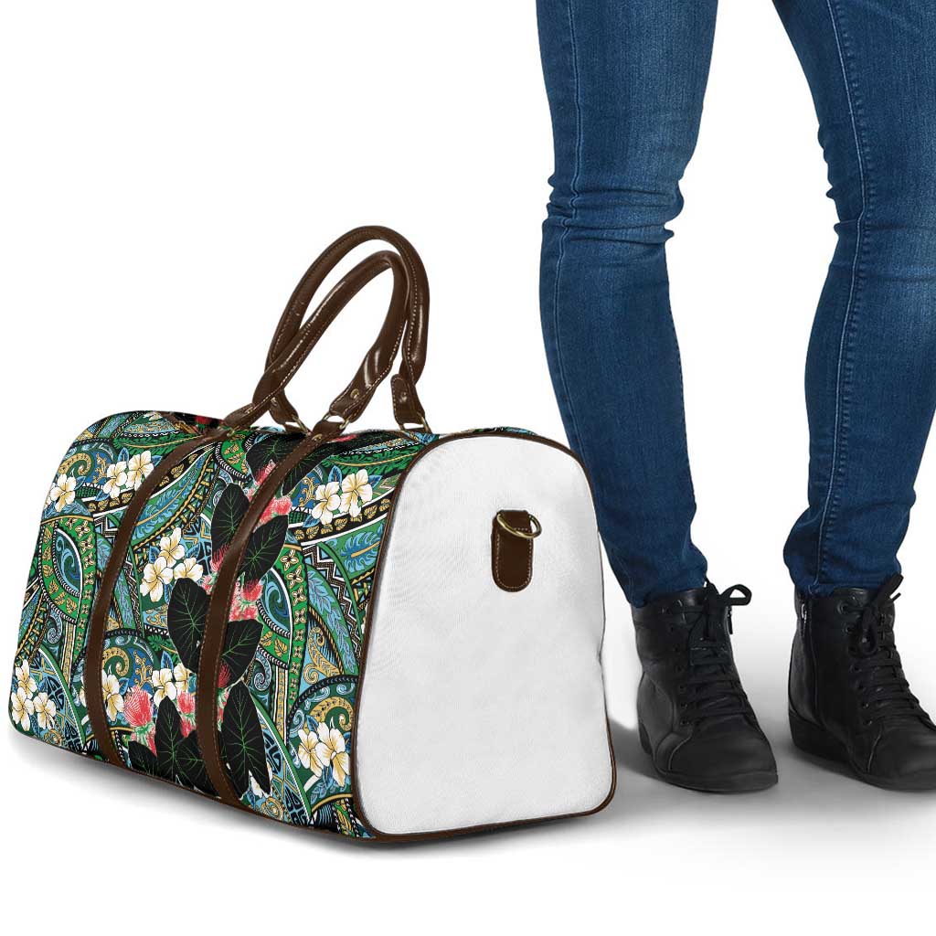 Hawaiian Taro Leaves and Ohia Lehua Travel Bag Polynesian Tribal Art Tropical Plants Motifs Colorful