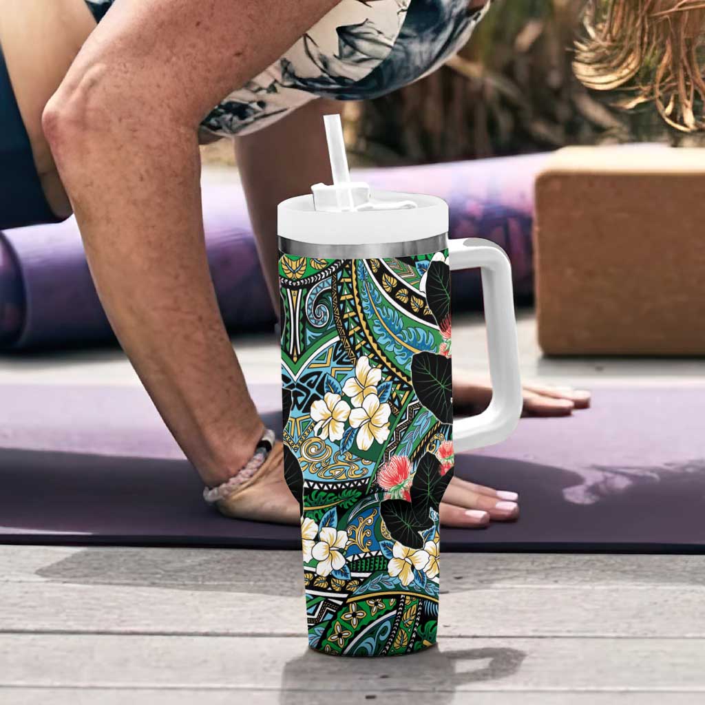 Hawaiian Taro Leaves and Ohia Lehua Tumbler With Handle Polynesian Tribal Art Tropical Plants Motifs Colorful