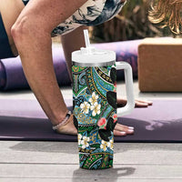 Hawaiian Taro Leaves and Ohia Lehua Tumbler With Handle Polynesian Tribal Art Tropical Plants Motifs Colorful
