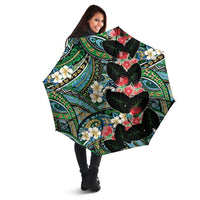 Hawaiian Taro Leaves and Ohia Lehua Umbrella Polynesian Tribal Art Tropical Plants Motifs Colorful