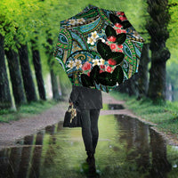 Hawaiian Taro Leaves and Ohia Lehua Umbrella Polynesian Tribal Art Tropical Plants Motifs Colorful