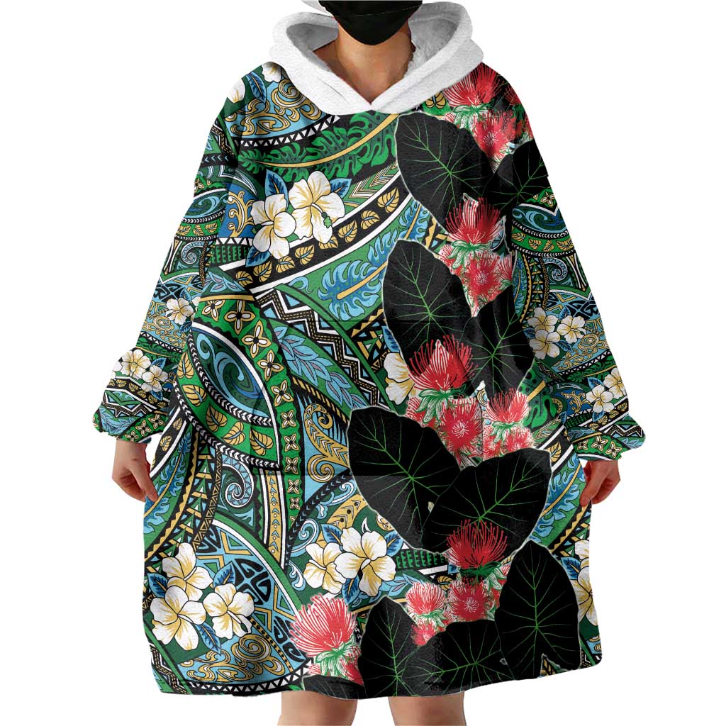 Hawaiian Taro Leaves and Ohia Lehua Wearable Blanket Hoodie Polynesian Tribal Art Tropical Plants Motifs Colorful