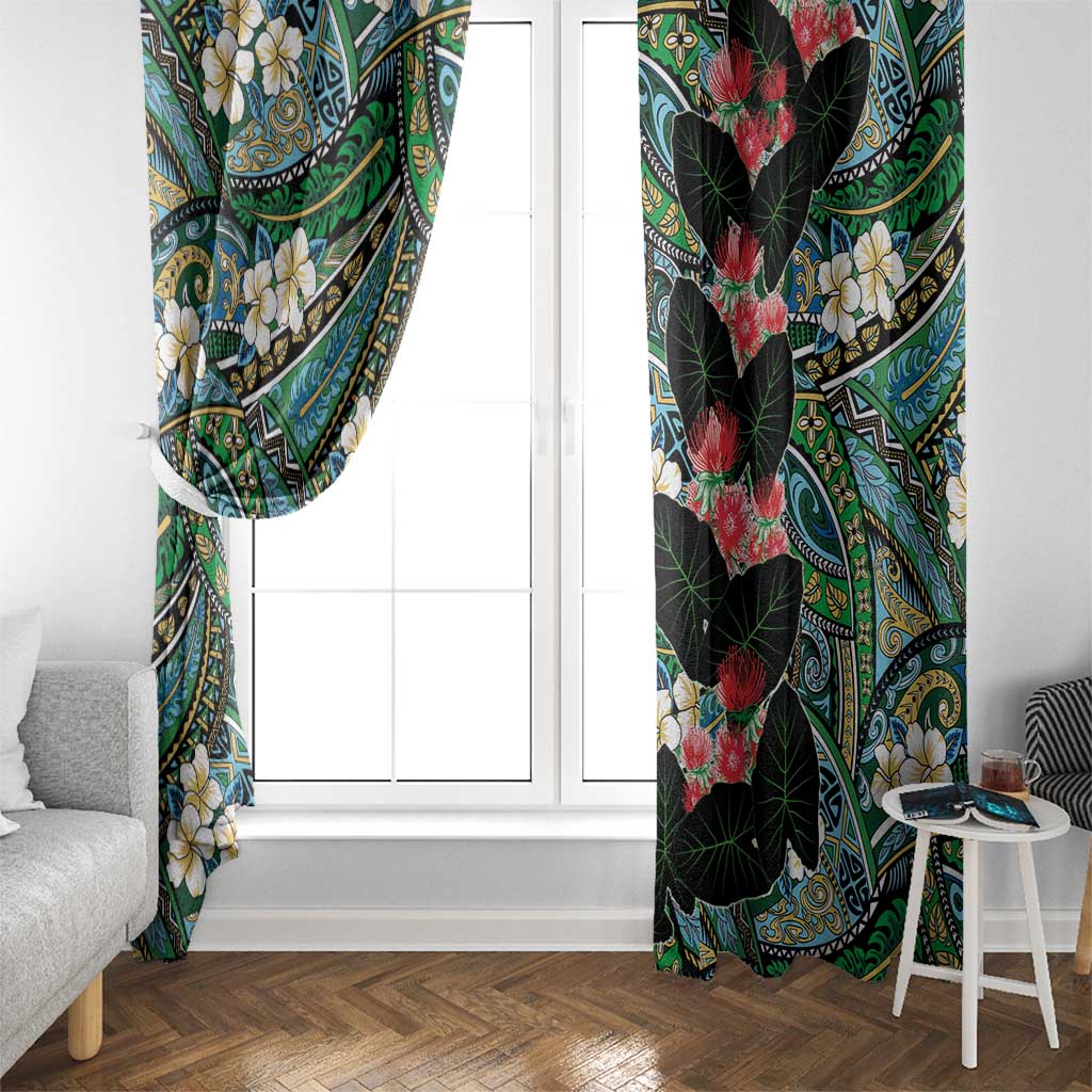 Hawaiian Taro Leaves and Ohia Lehua Window Curtain Polynesian Tribal Art Tropical Plants Motifs Colorful