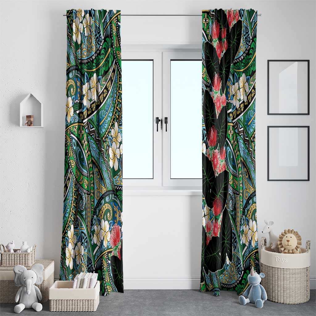 Hawaiian Taro Leaves and Ohia Lehua Window Curtain Polynesian Tribal Art Tropical Plants Motifs Colorful