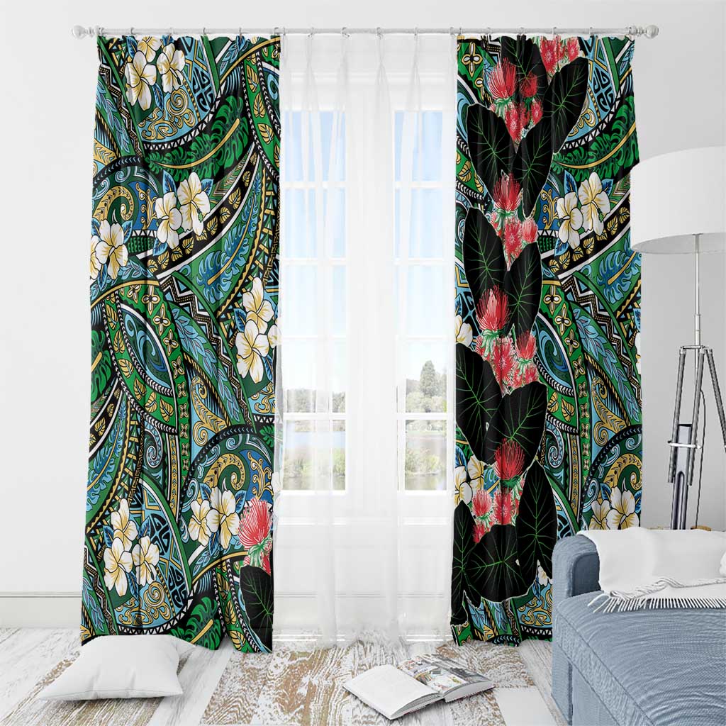 Hawaiian Taro Leaves and Ohia Lehua Window Curtain Polynesian Tribal Art Tropical Plants Motifs Colorful
