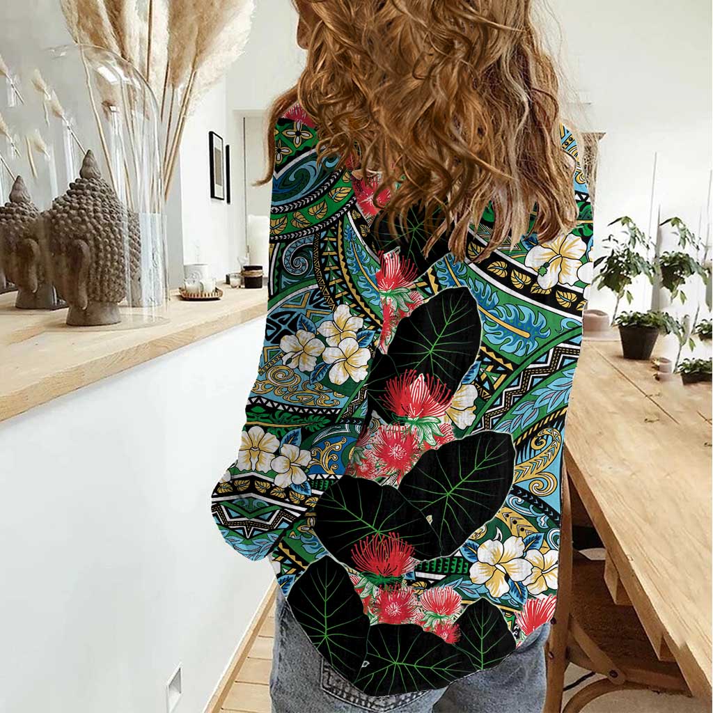 Hawaiian Taro Leaves and Ohia Lehua Women Casual Shirt Polynesian Tribal Art Tropical Plants Motifs Colorful