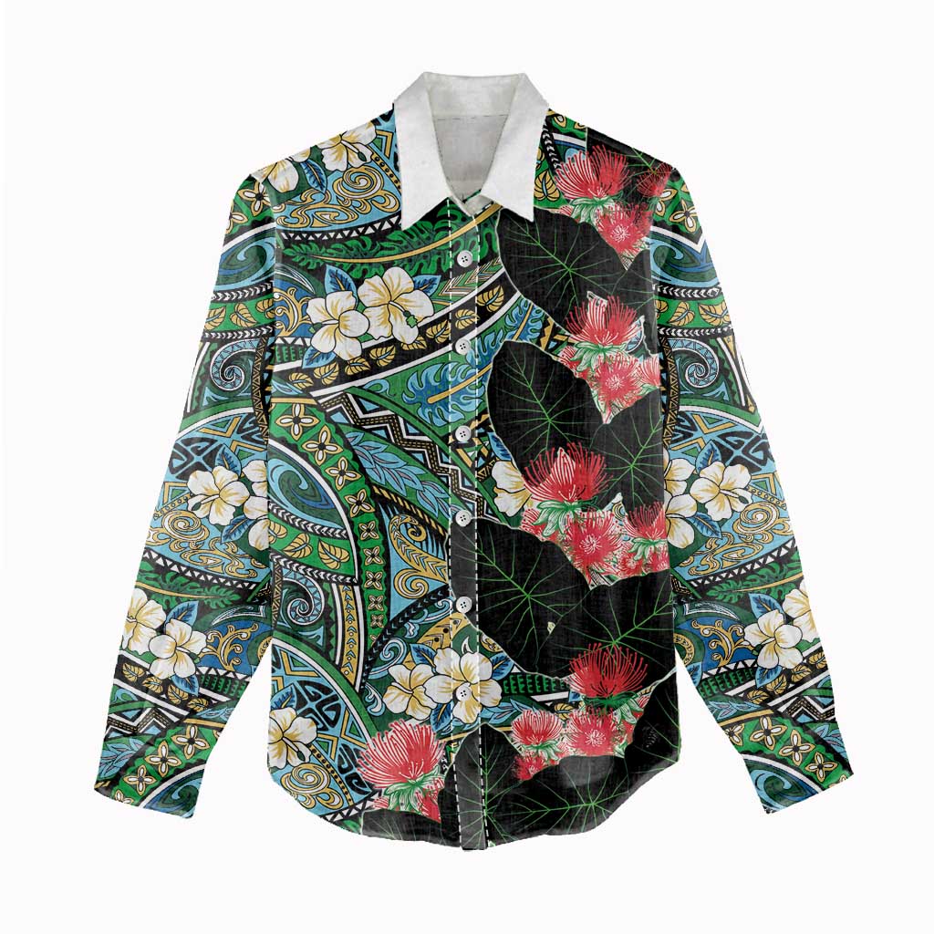 Hawaiian Taro Leaves and Ohia Lehua Women Casual Shirt Polynesian Tribal Art Tropical Plants Motifs Colorful