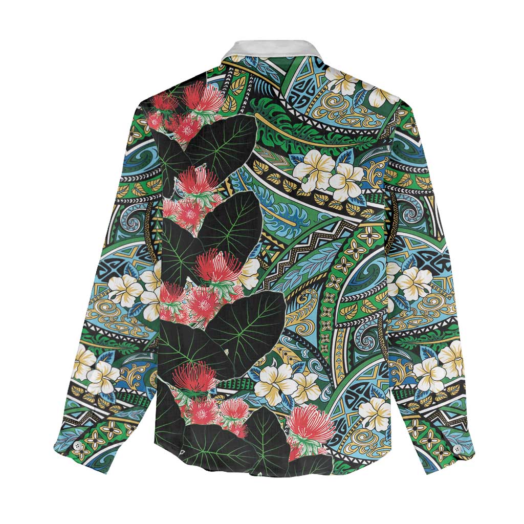 Hawaiian Taro Leaves and Ohia Lehua Women Casual Shirt Polynesian Tribal Art Tropical Plants Motifs Colorful