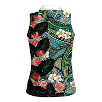 Hawaiian Taro Leaves and Ohia Lehua Women Sleeveless Polo Shirt Polynesian Tribal Art Tropical Plants Motifs Colorful