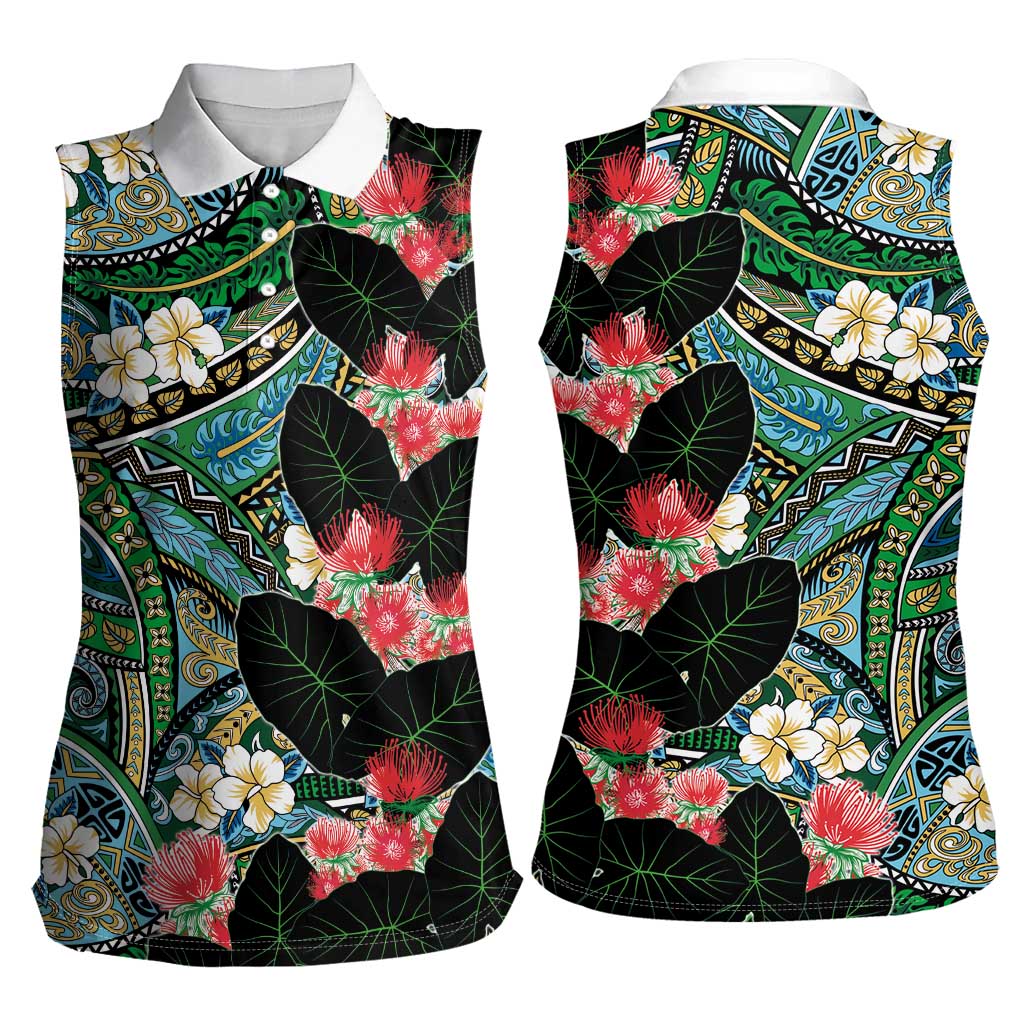 Hawaiian Taro Leaves and Ohia Lehua Women Sleeveless Polo Shirt Polynesian Tribal Art Tropical Plants Motifs Colorful