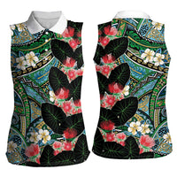 Hawaiian Taro Leaves and Ohia Lehua Women Sleeveless Polo Shirt Polynesian Tribal Art Tropical Plants Motifs Colorful