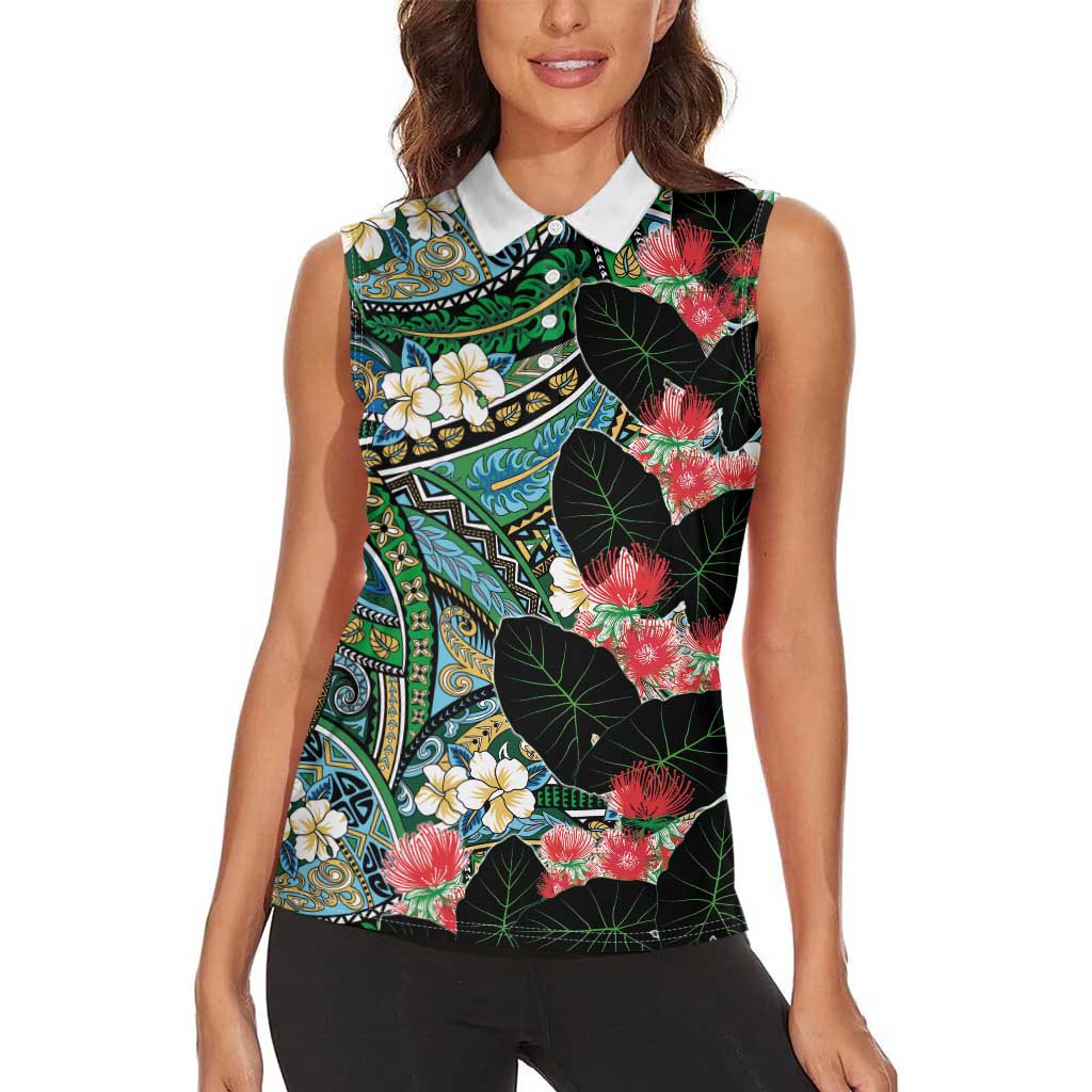 Hawaiian Taro Leaves and Ohia Lehua Women Sleeveless Polo Shirt Polynesian Tribal Art Tropical Plants Motifs Colorful