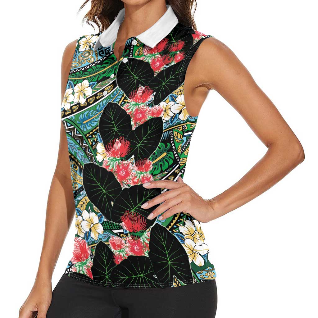 Hawaiian Taro Leaves and Ohia Lehua Women Sleeveless Polo Shirt Polynesian Tribal Art Tropical Plants Motifs Colorful