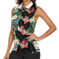 Hawaiian Taro Leaves and Ohia Lehua Women Sleeveless Polo Shirt Polynesian Tribal Art Tropical Plants Motifs Colorful