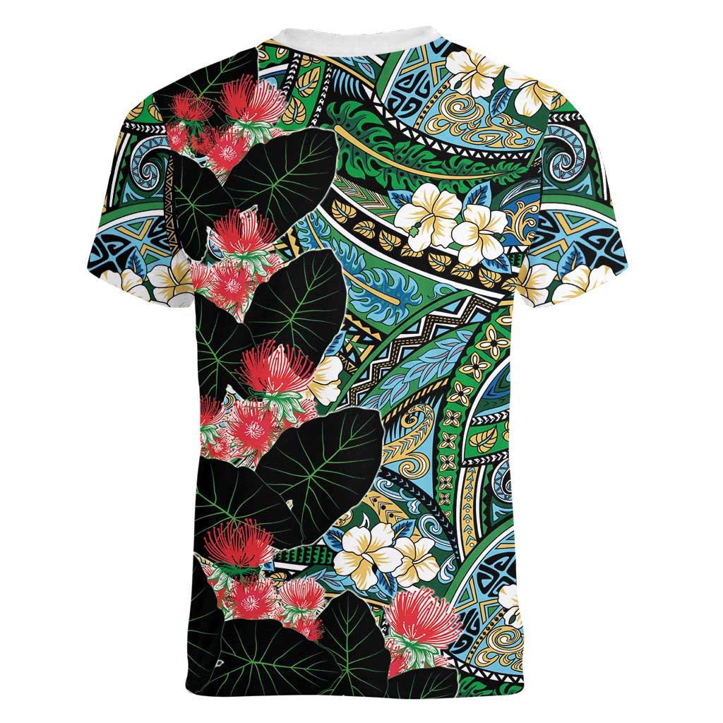 Hawaiian Taro Leaves and Ohia Lehua Women V-Neck T-Shirt Polynesian Tribal Art Tropical Plants Motifs Colorful