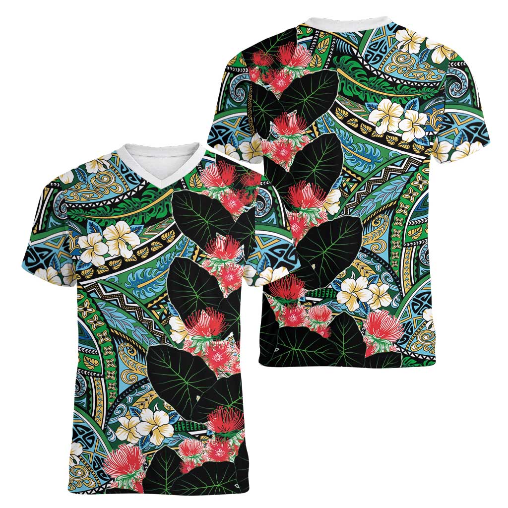 Hawaiian Taro Leaves and Ohia Lehua Women V-Neck T-Shirt Polynesian Tribal Art Tropical Plants Motifs Colorful