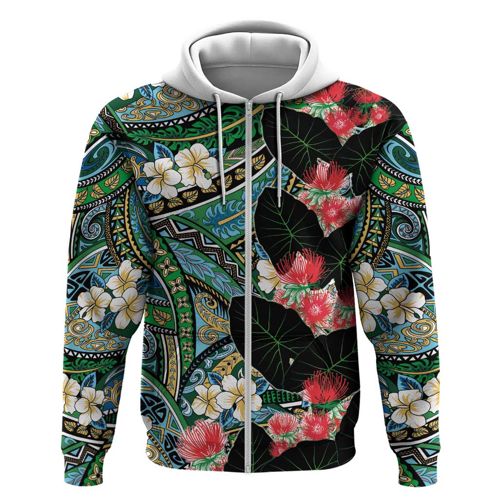Hawaiian Taro Leaves and Ohia Lehua Zip Hoodie Polynesian Tribal Art Tropical Plants Motifs Colorful